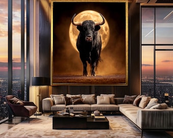 Powerful Bull Canvas Wall Art – Majestic Animal Portrait with Full Moon Backdrop for Rustic Western or Masculine Home Decor