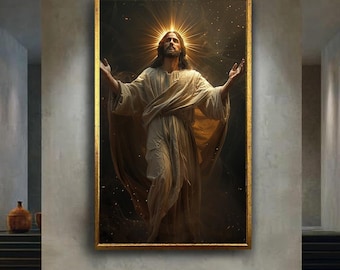 Glorious Jesus Christ Ascension Canvas Wall Art, Christian Religious Artwork for Home Decor, Spiritual Faith Gift with Golden Halo