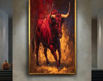 fiery red bull print spanish style bold wall art rustic animal canvas print powerful bullfighter home decor gift for him