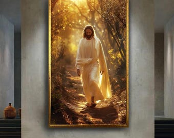 Inspirational Jesus Christ Walking in Nature Canvas Wall Art with Golden Light, Christian Religious Artwork for Faith and Home Decor