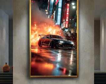 Explosive Street Racing Car Canvas Wall Art, Black JDM Sports Car Drifting with Fire in Tokyo Night Scene, Action Drift Garage Decor Gift