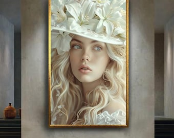 Elegant Woman Portrait with White Lily Hat Canvas Print, Romantic Floral Beauty Digital Art for Feminine and Sophisticated Home Decor