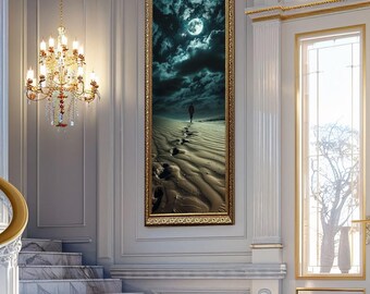 Lonely Desert Walk Wall Art Full Moon Night Sky Canvas Art Surreal Landscape Dark Atmosphere Photo Print