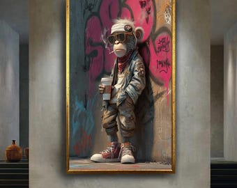 Street Style Monkey Canvas Wall Art, Urban Hip Hop Animal Poster, Funny Cool Coffee Art Print for Trendy Modern Decor