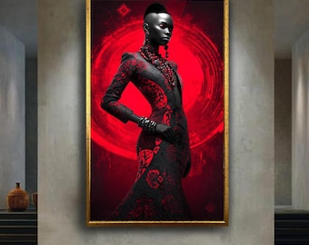 Afrofuturism Fashion Wall Art Print, Red Black Elegant Tribal Dress Poster, Bold African Sci Fi Woman Digital Artwork