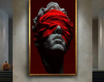 Blindfolded Marble Statue Wall Art, Red Cloth Surreal Greek Bust Poster, Dark Minimal Modern Abstract Sculpture Print