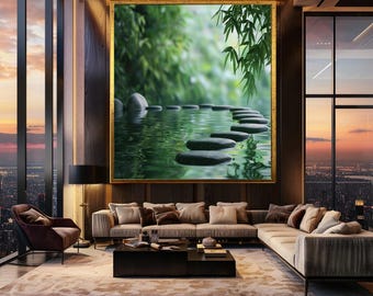 Zen Stepping Stones Wall Art Print, Peaceful Water Path with Bamboo Leaves, Serene Nature Decor for Spa, Yoga or Meditation Room