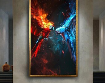 Fire and Ice Parrots Canvas Wall Art – Fantasy Bird Duel in Elemental Style with Red and Blue Contrast for Bold Modern Decor