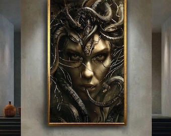 Golden Medusa Canvas Wall Art Print | Mystical Fantasy Greek Mythology Decor for Gothic Bedroom or Dark Elegant Home Interiors
