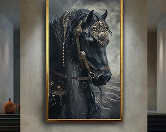 Mystical Black Horse Wall Art Fantasy Canvas Print Royal Gold Armor Poster for Gothic Animal Decor or Medieval Gift Idea