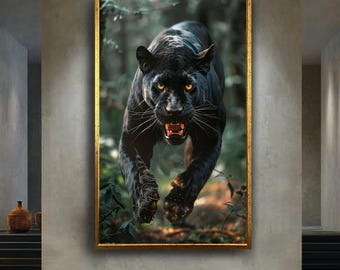 Black Panther Attack Canvas Wall Art – Fierce Jungle Predator with Golden Eyes, Wild Big Cat Wildlife Print for Bold Nature Home Decor