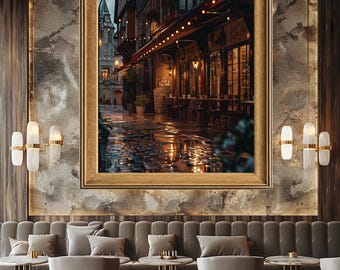 Romantic Rainy Street Café Wall Art Print, European Old Town Night Scene, Warm City Photography for Cozy Vintage Home Decor