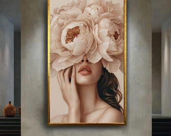 Floral woman canvas wall art print, soft neutral flower head portrait, feminine aesthetic artwork for bedroom, beauty salon or modern home