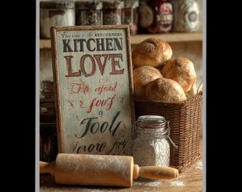 Farmhouse Kitchen Decor with Rolling Pin, Vintage “Kitchen Love” Sign and Bread Basket for Rustic Country Baking Themed Spaces