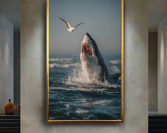 Great white shark wall art ocean wildlife canvas print dramatic sea predator poster nautical marine animal artwork for beach house decor