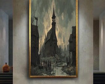 Dark gothic church wall art print, eerie haunted village canvas, horror aesthetic spooky landscape painting for gothic decor