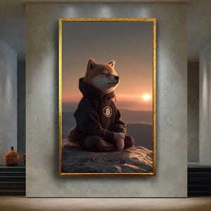 Shiba Inu Bitcoin Canvas Wall Art, Meditating Crypto Dog Canvas Print, Zen Meme Animal Artwork for Crypto Lovers and Traders