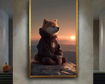 Shiba Inu Bitcoin Canvas Wall Art, Meditating Crypto Dog Canvas Print, Zen Meme Animal Artwork for Crypto Lovers and Traders