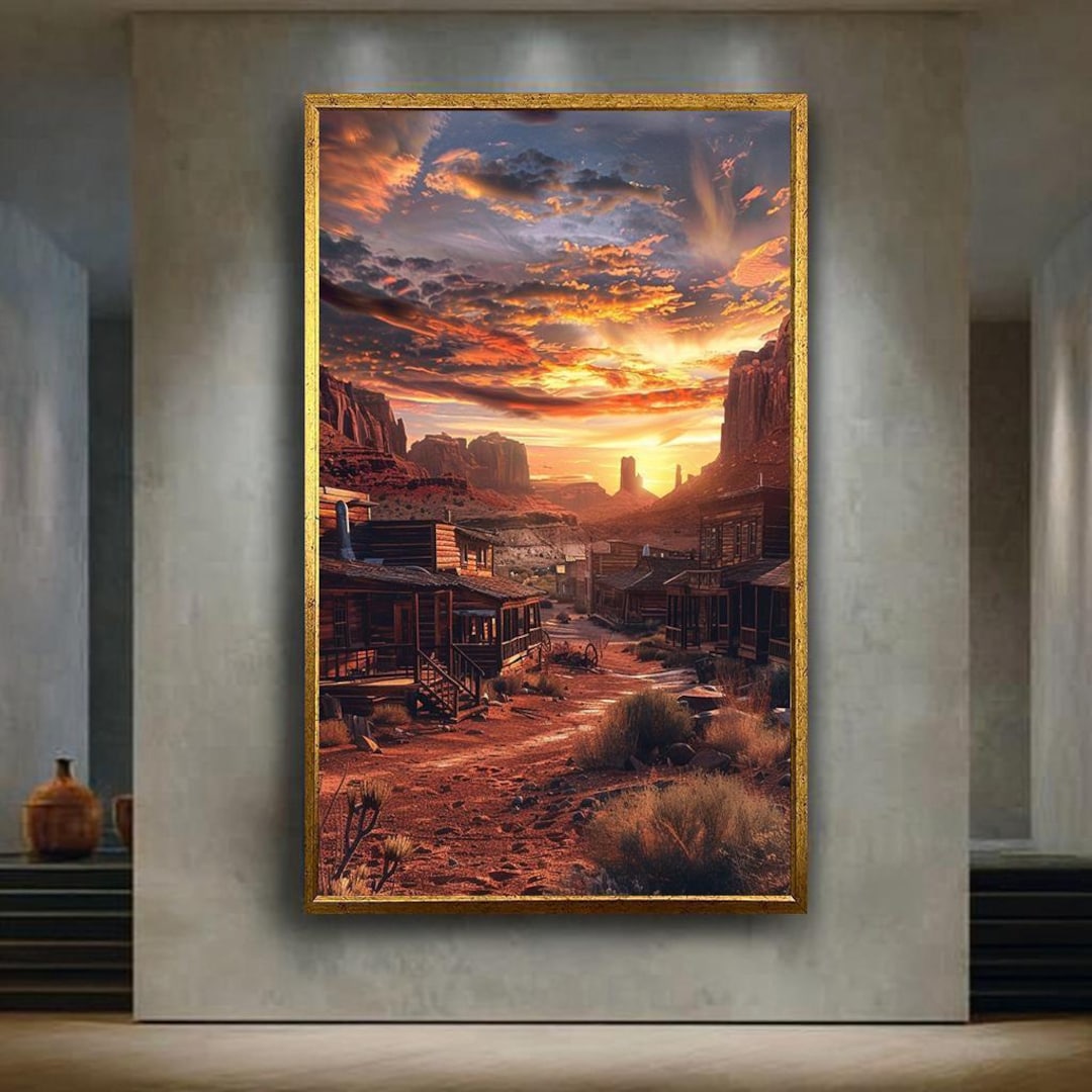 Old Western Town Sunset Canvas Wall Art – Desert Frontier