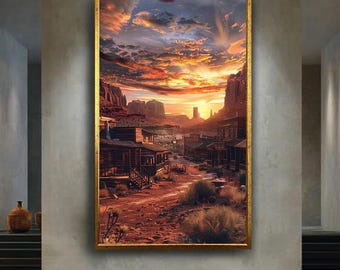 Old Western Town Sunset Canvas Wall Art – Desert Frontier Landscape with Wooden Buildings and Dramatic Sky