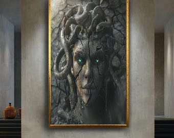 Medusa Dark Fantasy Canvas Wall Art – Mythical Snake-Haired Goddess with Cracked Stone Face and Green Eyes – Gothic Myth Print