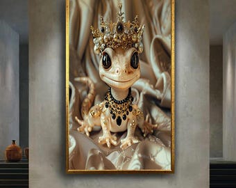 Royal Lizard Wall Art Canvas Print – Cute Fantasy Animal with Crown and Jewels for Whimsical Decor, Kids Room or Animal Lover Gift