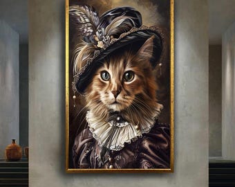 Royal Cat Canvas Wall Art – Baroque Style Funny Cat Portrait in Elegant Costume – Vintage Pet Canvas Print for Unique Home Decor