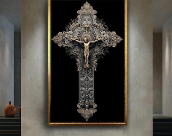 Ornate Crucifix Canvas Wall Art with Gold and Black Detailing, Sacred Christian Cross Print for Religious Home and Spiritual Decor