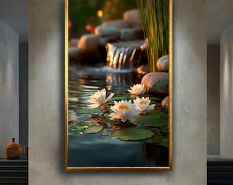Water Lily Pond Canvas Wall Art with Flowing Waterfall and Stones – Tranquil Nature Print for Spa, Meditation or Zen Room Decor