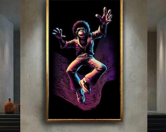 Neon Disco Monkey Canvas Wall Art – Funky 70s Afro Style Anthropomorphic Ape with Retro Synthwave Lighting for Cool Decor