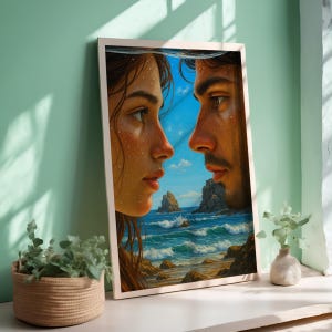 Romantic Couple Face To Face By Ocean Digital Art Emotional Sea View Poster Love And Nature Wall Print For Bedroom Or Anniversary Gift