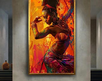 Vibrant Afro Dance Canvas Wall Art, Colorful African Woman Portrait, Boho Cultural Print, Tribal Style Modern Home Decor Artwork