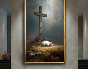 Christian Cross with Lamb Wall Art Religious Spiritual Artwork Symbol of Faith and Sacrifice Biblical Print Home Decor