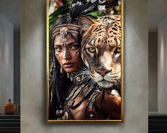 Tribal Warrior Woman with Jaguar Spirit Animal | Ethnic Jungle Goddess Canvas Art | Powerful Feminine Shamanic Wall Decor for Home