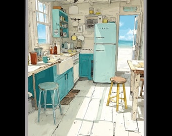 Beach Cottage Kitchen Wall Art with Retro Aqua Cabinets and Ocean View, Coastal Pastel Interior Print for Nautical Summer Decor