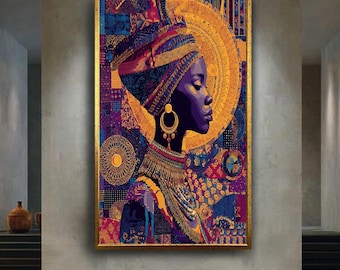African Woman Wall Art Print, Vibrant Colorful Tribal Queen Portrait with Gold Accents for Ethnic Afro Boho Home Decor