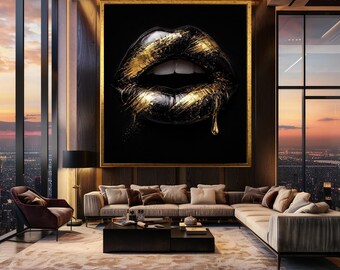 Black and Gold Lips Wall Art Modern Glam Makeup Poster Luxury Fashion Lip Print Bold Abstract Print for Bedroom or Beauty Salon Decor