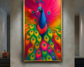 Vibrant Peacock Canvas Wall Art with Color Explosion Feathers – Bold Rainbow Bird Print for Boho, Creative or Modern Room Decor