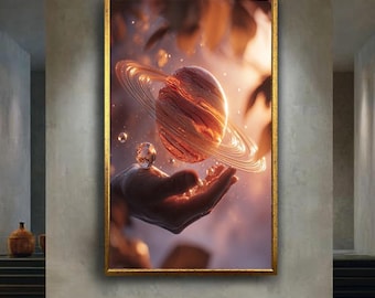 Saturn Fantasy Canvas Wall Art Print, Cosmic Planet Floating in Hand Poster, Surreal Space Artwork, Astral Spiritual Decor