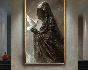 Mystical Hooded Figure with White Dove Canvas Wall Art, Gothic Fantasy Symbolism Print for Elegant Dark and Enchanting Home Decor
