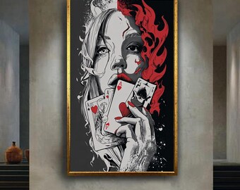 Dark Poker Queen Wall Art Print, Red Black Pop Art Canvas, Femme Fatale Playing Cards Illustration, Edgy Comic Room Decor