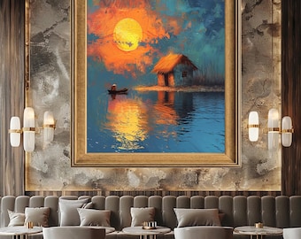 Tranquil Sunset Fishing Hut Wall Art – Serene Lake Print with Boat and Golden Sky | Rustic Nature Canvas Print