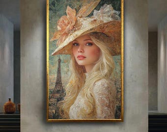 Parisian Woman Portrait Canvas Wall Art with Eiffel Tower and Floral Hat, Romantic Vintage Oil Painting Style for Elegant Home Decor