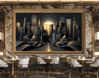 Golden City Skyline Wall Art Print, Modern Urban Landscape Canvas Art, Futuristic Metropolis Artwork for Luxury Home Decor