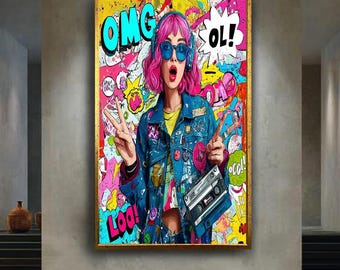 Pop Art Girl Canvas Wall Art – Colorful Pink Haired Woman with Headphones and Comic Style Graffiti Background for Modern Decor