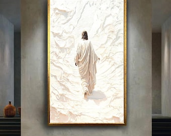 Jesus's Walking Towards the Light Canvas Painting, White, Spiritual Faith Print, Religious Christian Artwork, for Prayer Room or Church