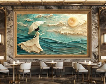 Romantic Woman Ocean Wall Art Print, Dreamy Sea Landscape Canvas Art, Feminine Abstract Artwork for Home Decor Download