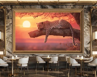 Leopard at Sunset Canvas Wall Art African Wildlife Nature Print Big Cat Resting on Tree Branch Jungle Safari Animal Decor