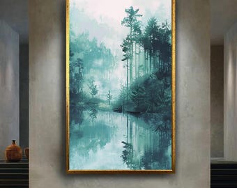 Misty Forest Reflection Canvas Wall Art Print, Tranquil Green Nature Landscape for Calm Home Decor, Minimalist Woodland Fog Artwork