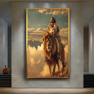 Jesus with Lion and Lamb Wall Art – Divine Strength and Peace Digital Painting – Christian Spiritual Poster for Faith-Based Home Decor